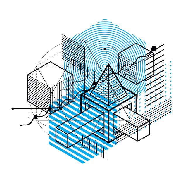 Isometrische abstracte achtergrond met lineaire dimensionale vormen, 3d mesh vectorelementen. Samenstelling van kubussen, zeshoeken, vierkanten, rechthoeken en verschillende abstracte elementen.
