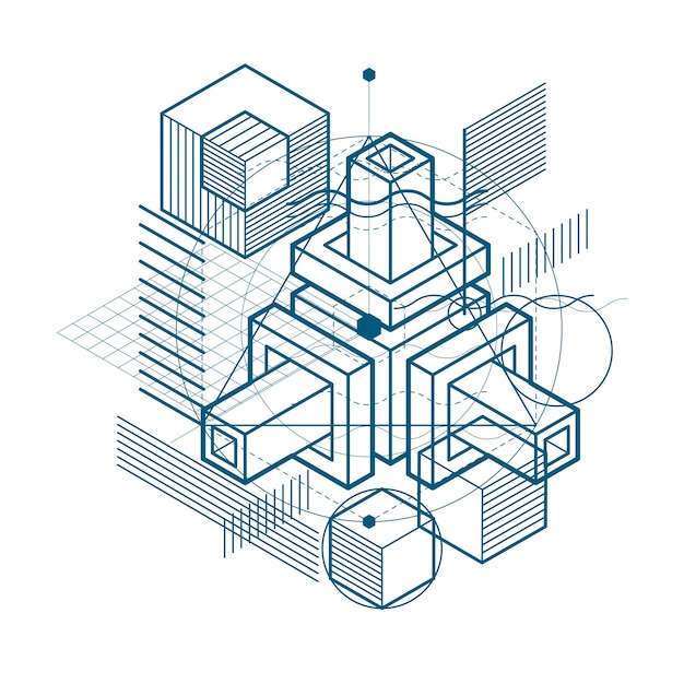 Vector isometrische abstracte achtergrond met lineaire dimensionale vormen, 3d mesh vectorelementen. samenstelling van kubussen, zeshoeken, vierkanten, rechthoeken en verschillende abstracte elementen.