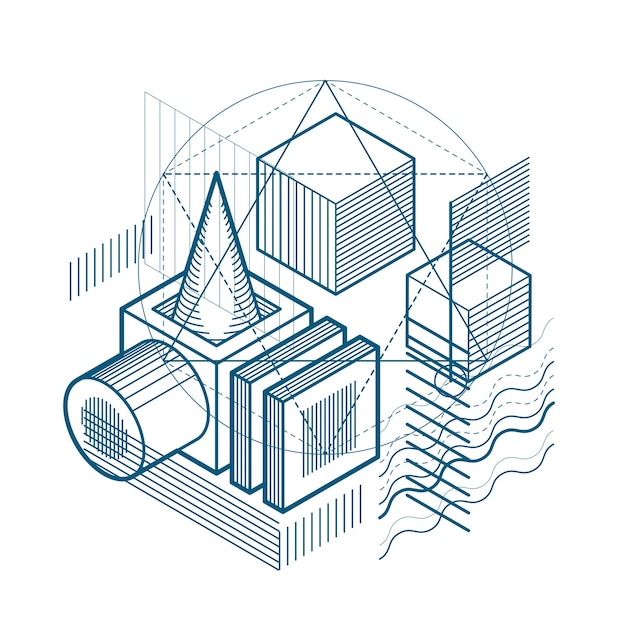 Isometrische abstracte achtergrond met lineaire dimensionale vormen, 3d mesh vectorelementen. Samenstelling van kubussen, zeshoeken, vierkanten, rechthoeken en verschillende abstracte elementen.
