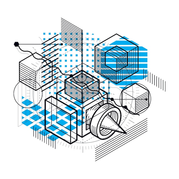 Isometrische abstracte achtergrond met lineaire dimensionale vormen, vector 3d mesh-elementen. Samenstelling van kubussen, zeshoeken, vierkanten, rechthoeken en verschillende abstracte elementen.