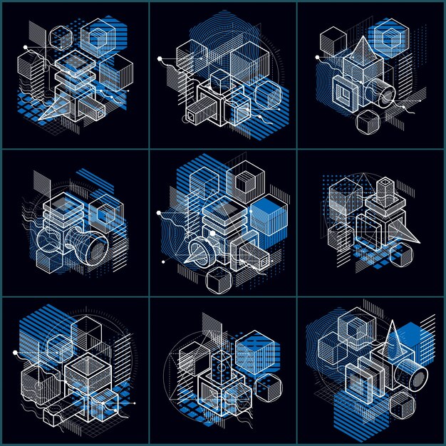 Isometrische abstracte achtergronden met lijnen en andere verschillende elementen, vector abstracte sjablonen. Composities van kubussen, zeshoeken, vierkanten, rechthoeken en verschillende abstracte elementen. Vectorset.