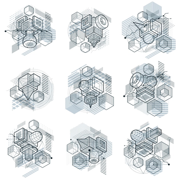 Isometrische abstracte achtergronden met lineaire dimensionale vormen, vector 3d mesh-elementen. Composities van kubussen, zeshoeken, vierkanten, rechthoeken en verschillende abstracte elementen. Vectorcollectie.