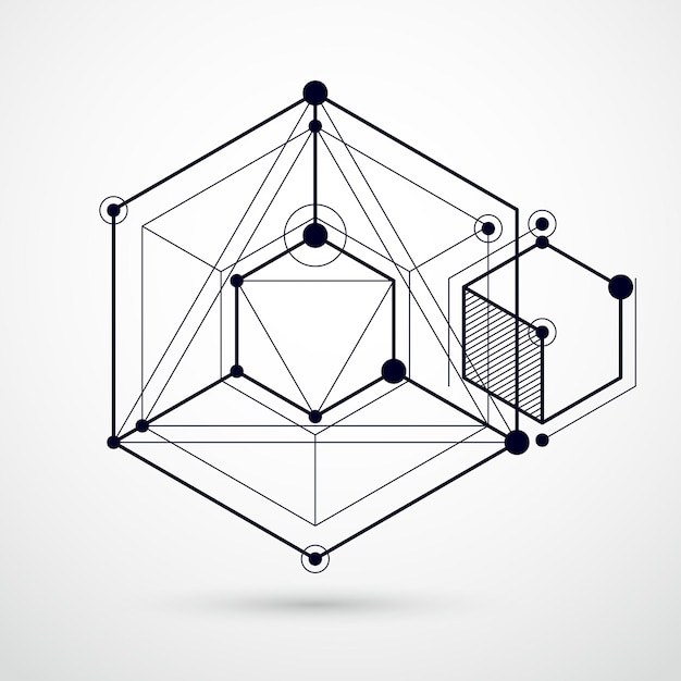 Vector isometrische abstracte zwart-witte achtergrond met lineaire dimensionale kubusvormen, 3d mesh vectorelementen. lay-out van kubussen, zeshoeken, vierkanten, rechthoeken en verschillende abstracte elementen.