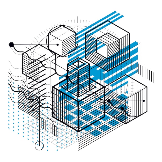 Isometrische abstractie met lijnen en verschillende elementen, vector abstracte achtergrond. Samenstelling van kubussen, zeshoeken, vierkanten, rechthoeken en verschillende abstracte elementen.
