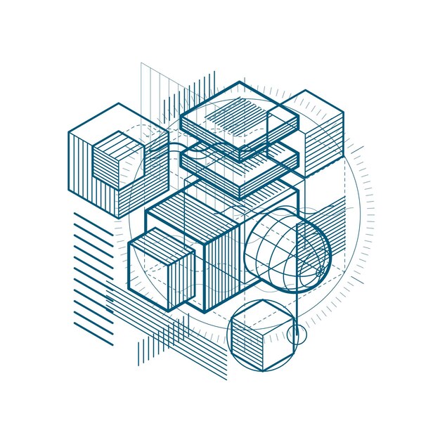 Isometrische abstractie met lijnen en verschillende elementen, vector abstracte achtergrond. Samenstelling van kubussen, zeshoeken, vierkanten, rechthoeken en verschillende abstracte elementen.
