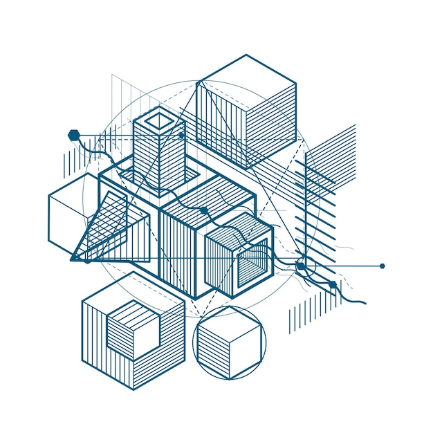 Isometrische abstractie met lijnen en verschillende elementen, vector abstracte achtergrond. Samenstelling van kubussen, zeshoeken, vierkanten, rechthoeken en verschillende abstracte elementen.