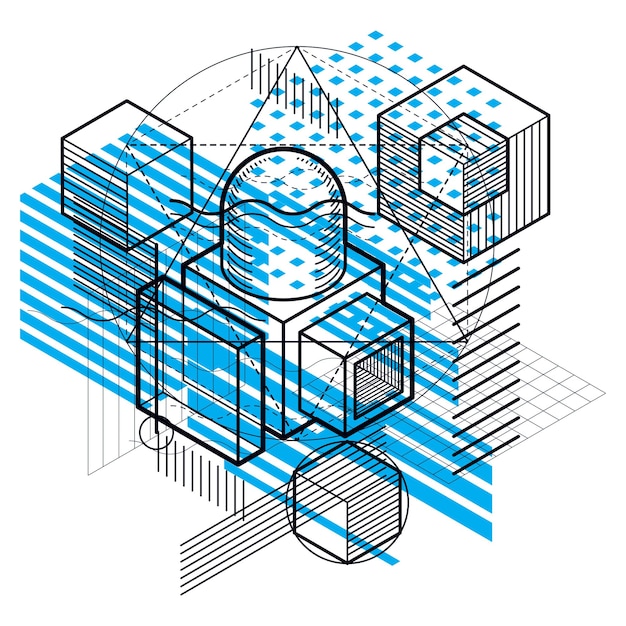 Isometrische abstractie met lijnen en verschillende elementen, vector abstracte achtergrond. Samenstelling van kubussen, zeshoeken, vierkanten, rechthoeken en verschillende abstracte elementen.