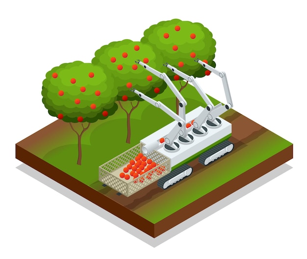 Isometrische automatisch geleide robots oogsten fruit van bomen. Landbouwmachines robots mechanische arm werkende technologie.
