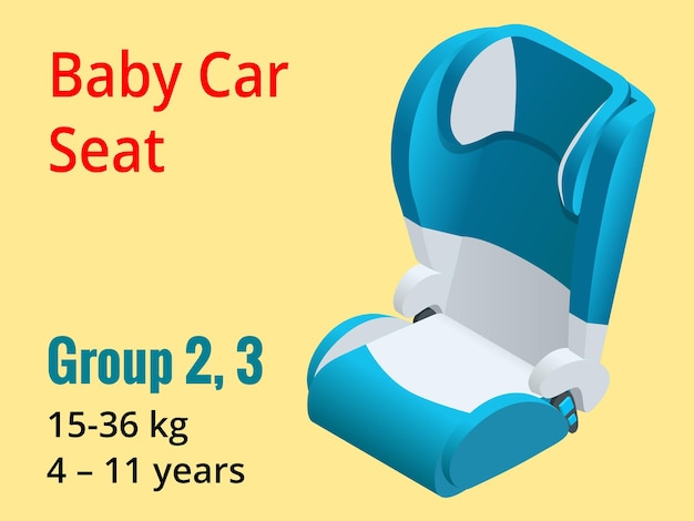 Isometrische baby autostoel groep 2,3 vectorillustratie. Verkeersveiligheid Type kinderzitje achterwaarts gericht babyzitje, voorwaarts gericht kinderzitje, verhogingskussen.