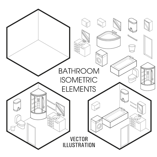 Isometrische badkamer interieurbouwer. Vector set isometrische meubelelementen van interieur geïsoleerd op een witte achtergrond. Platte 3D-ontwerpsjabloon.