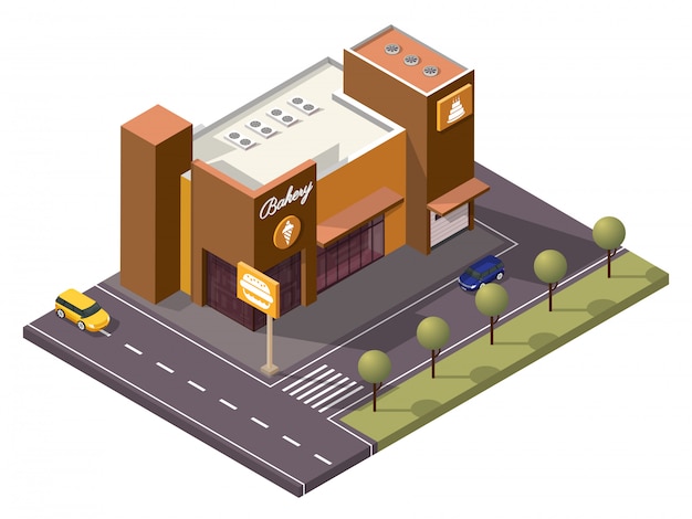 Isometrische bakkerij winkel zoals ijs, cake, hamburger langs transportstraat