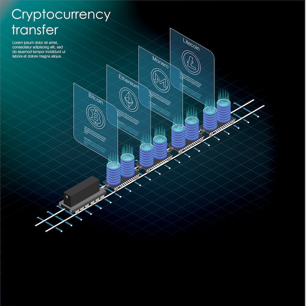 Isometrische banner met bitcoin mining farm, cryptocurrency mining concept, financiële isometrische 3d. ethereum blockchain isometrisch rek voor serverruimte. crypto-server voor valutamining.