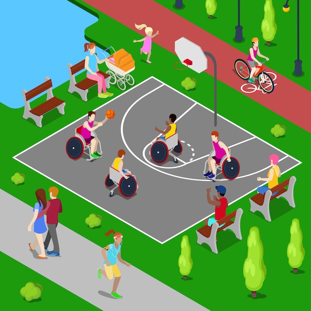 Isometrische basketbalspeelplaats. Mensen met een handicap spelen basketbal in het park. Vector illustratie