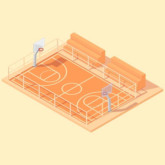 Isometrische basketbalveld met stoelen, vectorillustratie