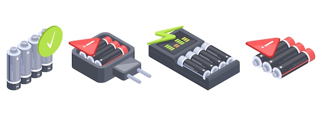 Isometrische batterijladers macht elektriciteit elementen platte vectorillustratie op witte achtergrond