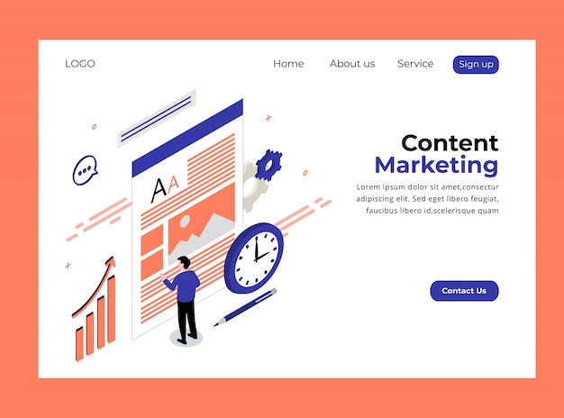 Isometrische bestemmingspagina van content marketing template premium