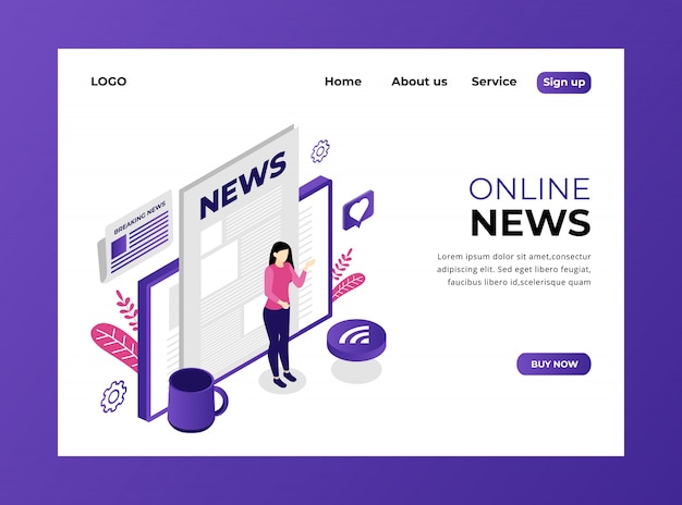 Isometrische bestemmingspagina van online nieuws