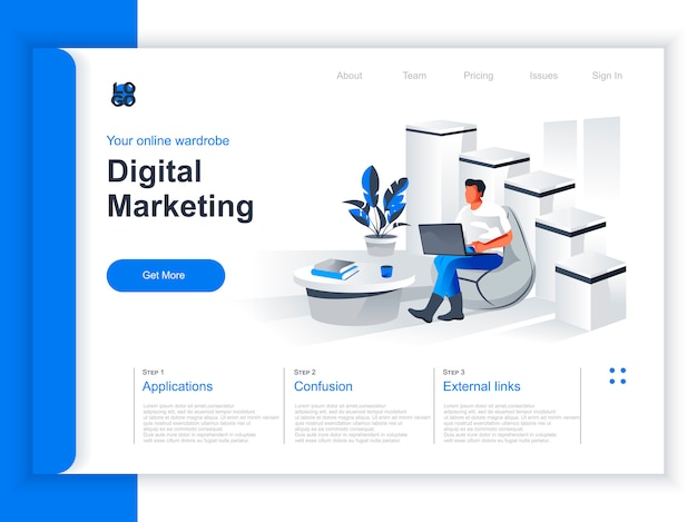 Isometrische bestemmingspagina voor digitale marketing. marketeer die met laptop in bureausituatie werkt. digitale marketing, smm en seo, website-inhoudspromotie en sociale media beheren perspectief plat ontwerp.