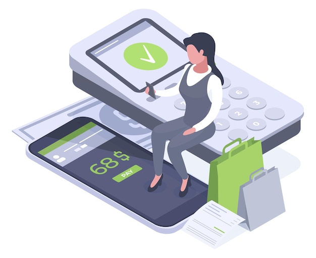 Vector isometrische betaling online shopping app mobiel bankieren transactie betaalterminal online contactloze betaling 3d vector illustratie op witte achtergrond