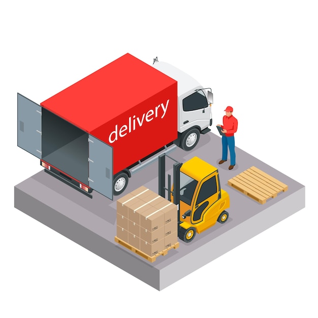 Isometrische bezorg- en verzendservice. Levering en opslagconcept voor infographics. Pallet met dozen en leveringsproces in winkel vectorillustratie.