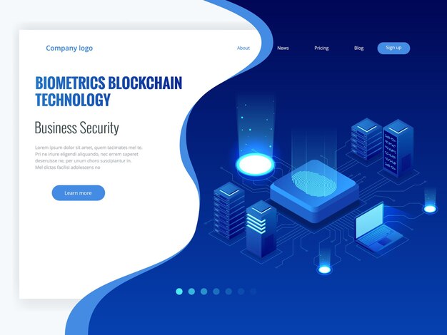 Isometrische biometrie blockchain-technologie en identificatiesysteem voor vingerafdrukken. biometrische autorisatie en bedrijfsbeveiligingsconcept. vectorillustratie voor zaken, infographic, banner