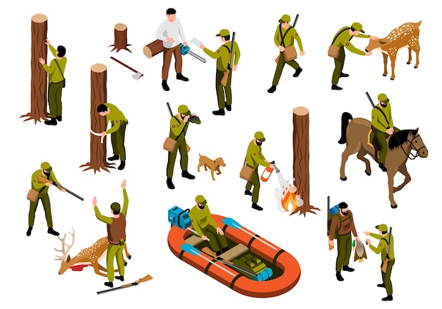 Isometrische boswachter icone set met brandbeveiliging en stroper arresterende scènes geïsoleerde vectorillustratie