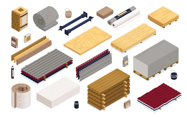 Isometrische bouwmaterialen kleur icon set met houten blokken vloerplaat gipsplaten gevelbeplating en andere materialen vector illustratie