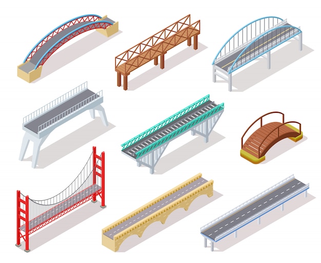 Isometrische brug. concrete bruggen ophaalbrug rivier boog overbrugging stadsweg infographics geïsoleerde 3d-elementen