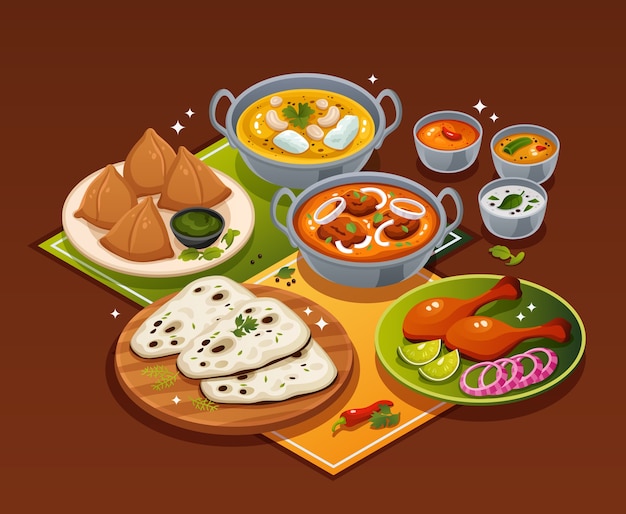 Isometrische cartoon illustratie van Indiase eten