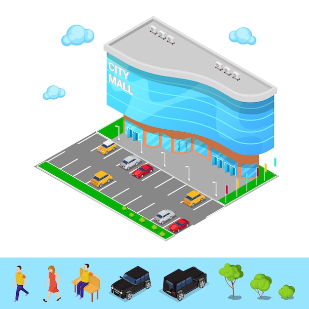 Isometrische city mall. modern winkelcentrumgebouw met parkeerzone. vector illustratie