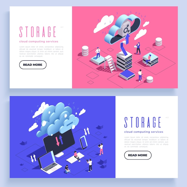 Isometrische cloudcomputingdiensten horizontaal banner sjabloon set