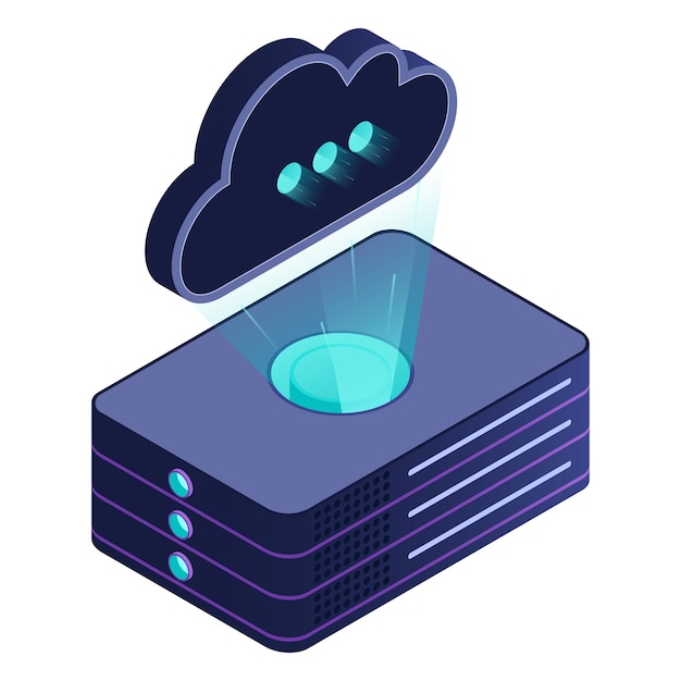 Isometrische clouddatabase Cloudcomputing en cloudopslag van bestanden Moderne technologie Isometrische technologie