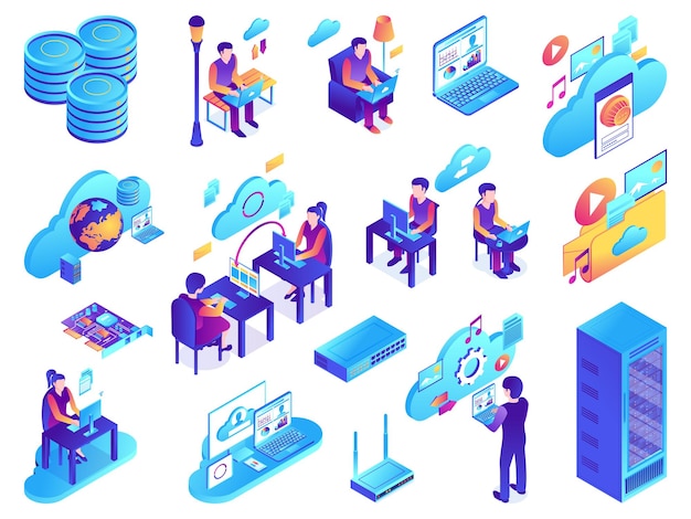 Isometrische cloudservices ingesteld met geïsoleerde afbeeldingen van netwerkinfrastructuurelementen met pictogrammen, pictogrammen en mensen vectorillustratie