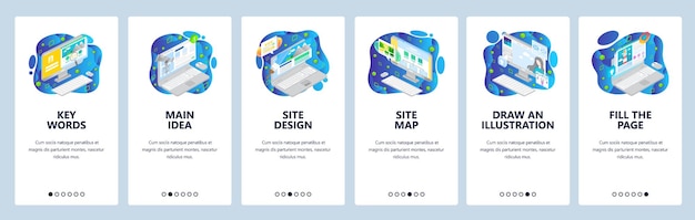 Isometrische computer iconen Mobiele app onboarding schermen Menu vector banner sjabloon voor website en mobiele ontwikkeling Website ontwerp vlakke illustratie