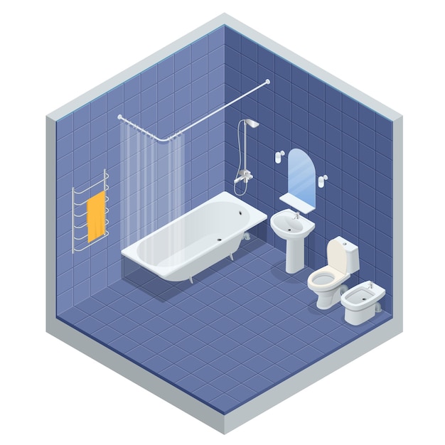 Isometrische concept van badkamer interieur met bad, douchespiegel en handdoeken, toilet, bidet, vectorillustratie.