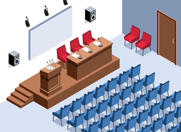 Isometrische conferentiezaalsamenstelling met binnenmening van leeg auditorium met tribune en lijst op toneelillustratie