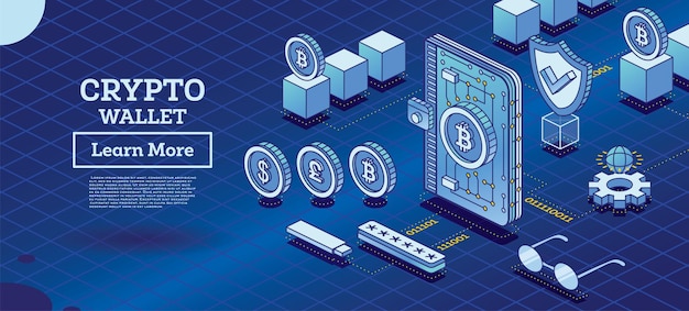 Isometrische Crypto-portemonnee verbonden met Blockchain Cryptocurrency Industry Outline Concept van Blockchain-technologie met kubussen