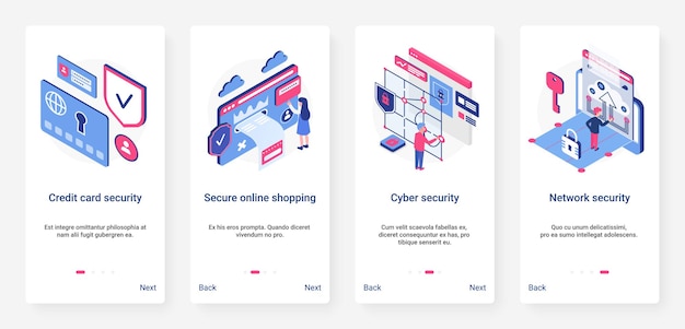 Isometrische cyberbeveiligingsnetwerktechnologie UX, UI onboarding mobiele app-paginaschermset