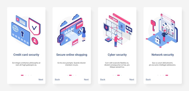 Isometrische cyberbeveiligingsnetwerktechnologie ux, ui onboarding mobiele app-paginaschermset