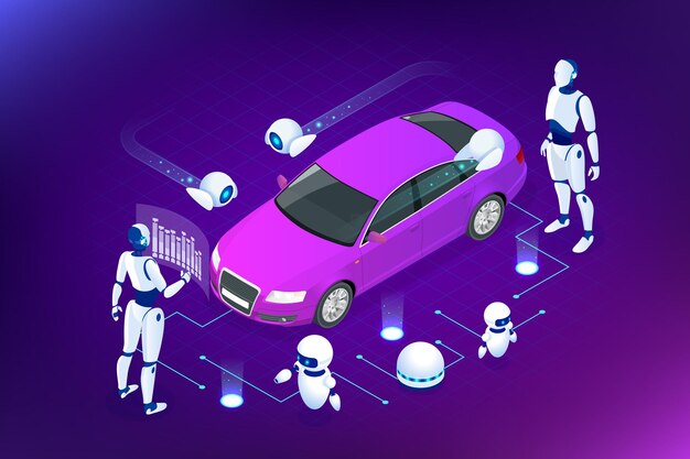 Isometrische Cybernetic Robots werkt met een virtuele interface in augmented reality Virtuele computerontwikkeling van een automodel met behulp van kunstmatige intelligentie Toekomstconcept