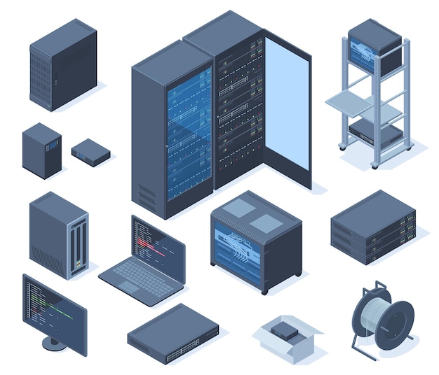 Vector isometrische datacenter, netwerktechnologie en apparatuur voor hostingservers. netwerk serverruimte, cloud database station vector illustratie set. computernetwerktechnologie