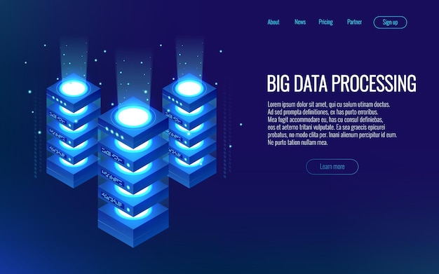 Isometrische digitale technologie webbanner. Analyse en informatie. Big data-toegang tot opslagdistributie, informatiebeheer en analyse. vector illustratie