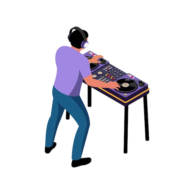 Vector isometrische dj in koptelefoon die muziek speelt op draaitafel 3d vectorillustratie