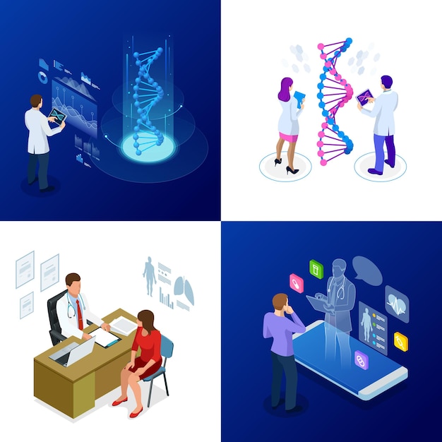 Isometrische dna-helix, dna-analyseconcept. digitale blauwe achtergrond. innovatie, geneeskunde en technologie.