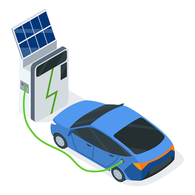 Vector isometrische elektrische eco-transport elektromobiel laadstation voor voertuigen met platte vectorillustratie van zonnepanelen aangedreven door elektriciteit