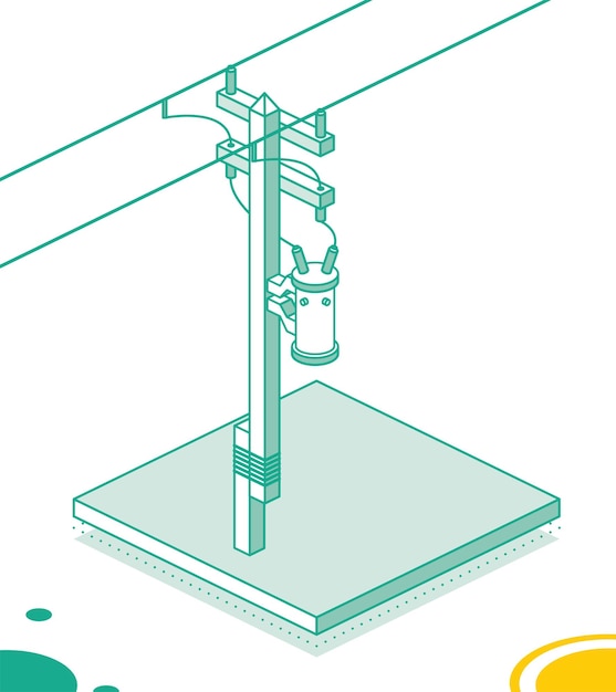 Isometrische elektrische paal ondersteunen hoogspanning Power Line elektrische transformator op pyloon schets concept geïsoleerd op witte achtergrond