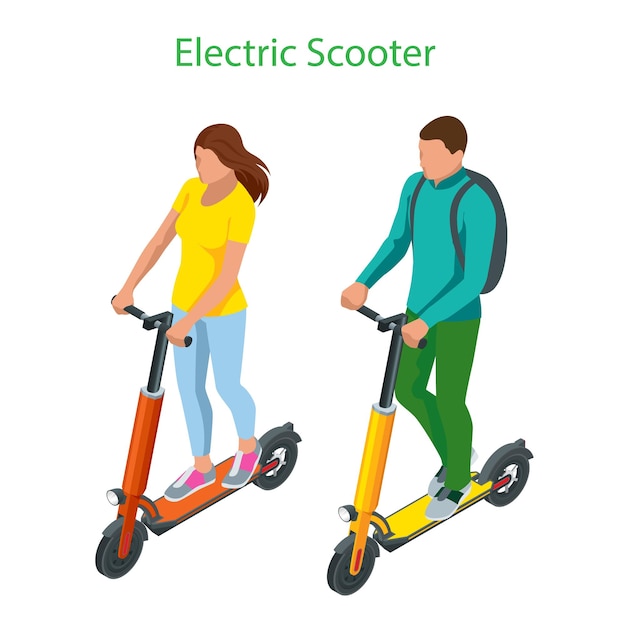 Isometrische elektrische scooter op de weg Vervoer van elektrische scooters die u kunt huren voor een snelle rit