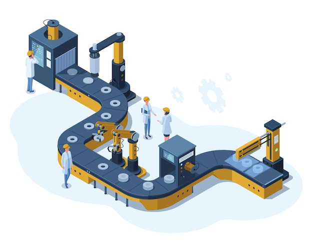 Isometrische fabriek geautomatiseerde gemechaniseerde transportbandlijn. industriële geautomatiseerde robot transportband, productie 3d lijn vectorillustratie. elektronische fabrieksassemblagelijn: