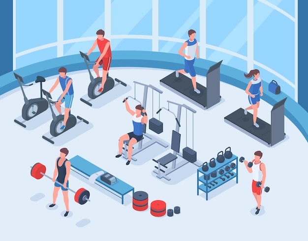 Isometrische fitness sport mensen trainen in het interieur van de sportschool Menselijke karakters werken met gymnastiekapparatuur vector illustratie set Gym en trainingsruimte