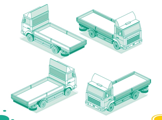 Isometrische Flatbed Cargo Truck Achter- en vooraanzicht Commercieel transport Logistiek Overzichtsobjecten